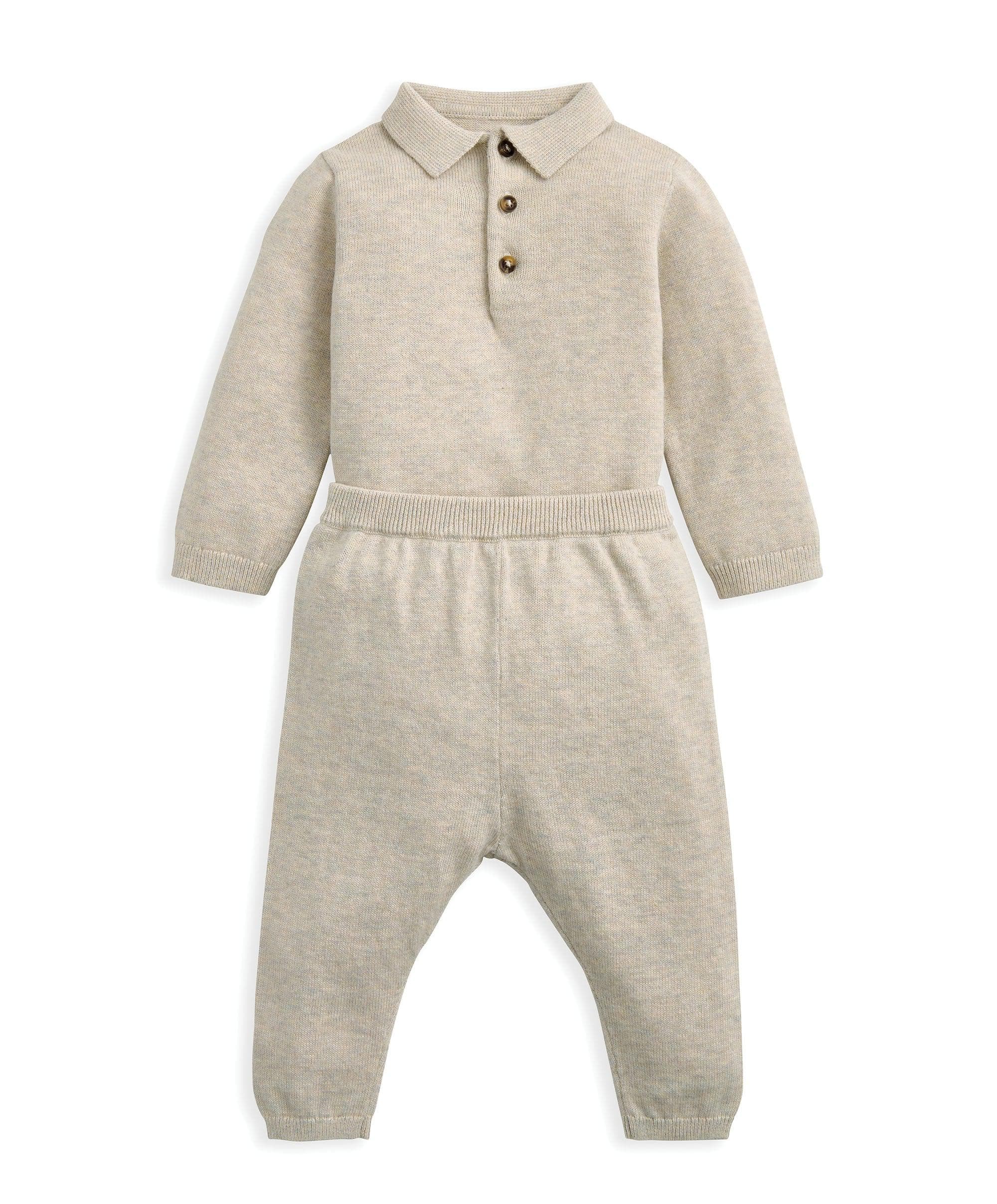 Oatmeal Knit Polo Bodysuit & Bottoms Set (2 Pieces) - Image 4