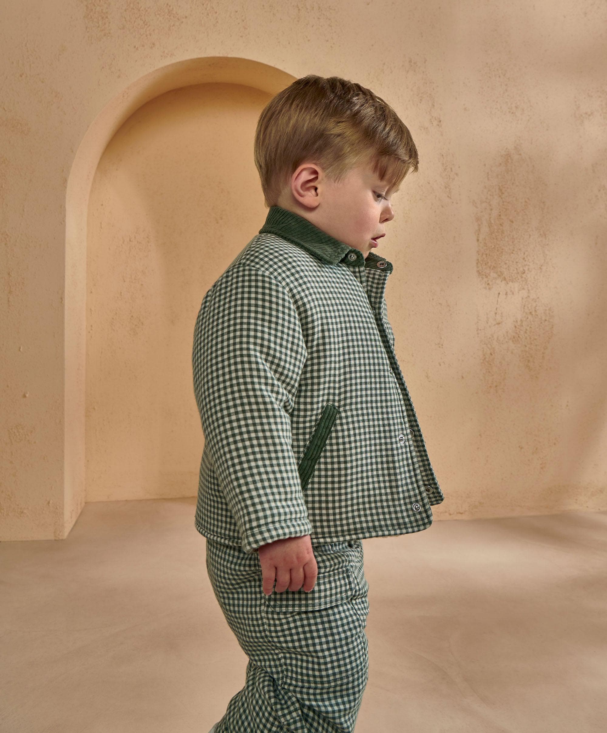 Check Jacket with Borg Lining & Cord Collar - Green - Image 3