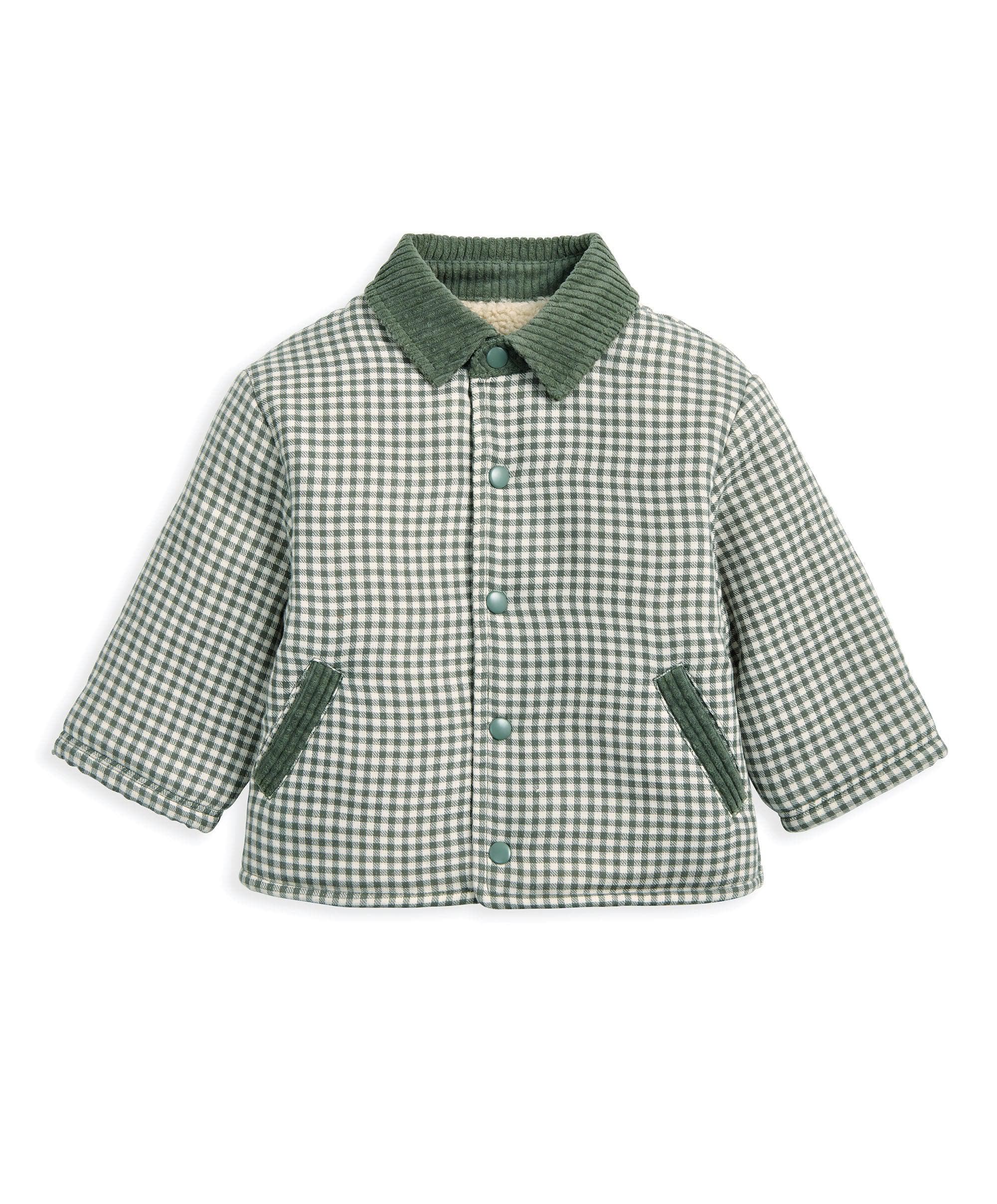 Check Jacket with Borg Lining & Cord Collar - Green - Image 7
