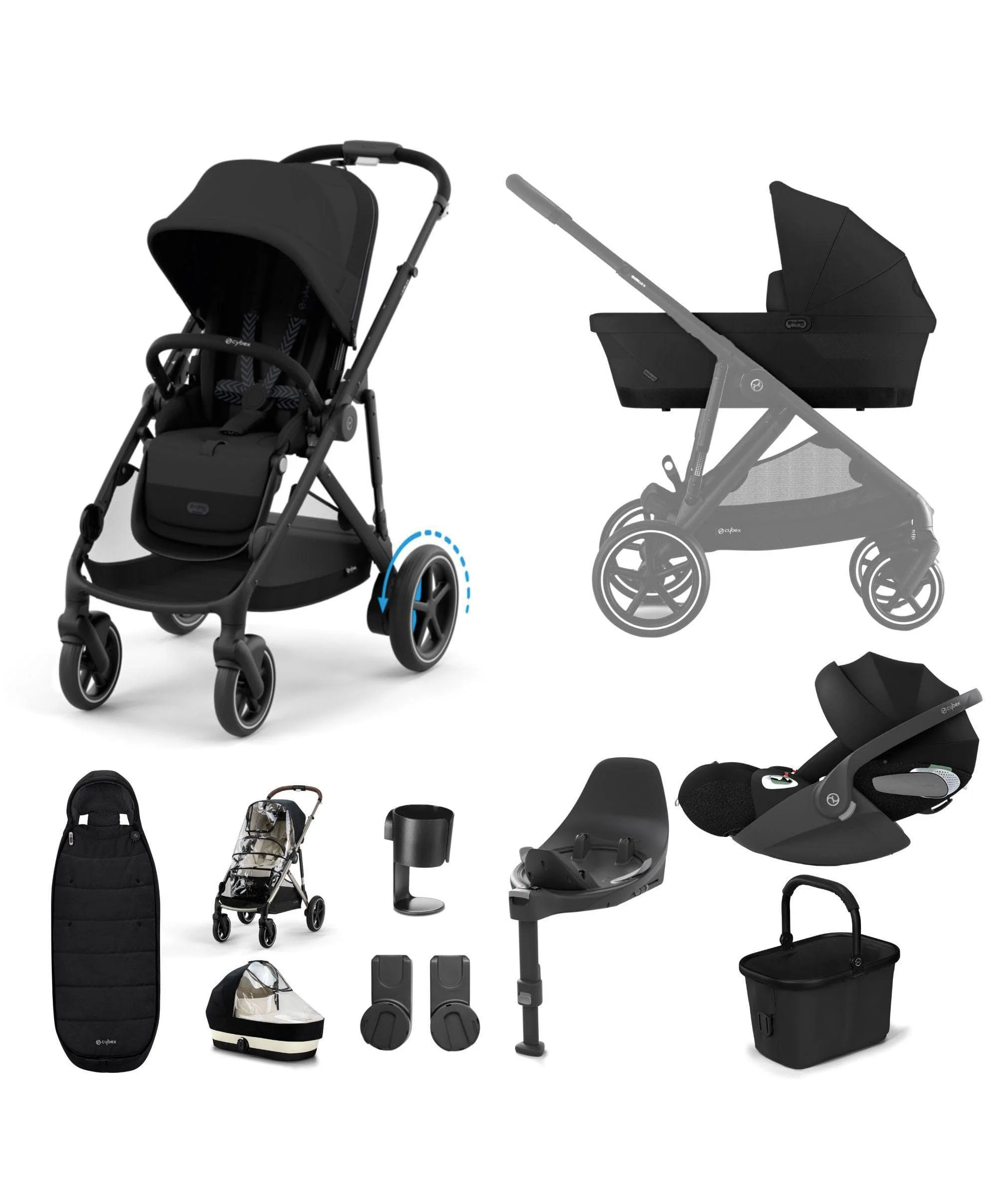 Cybex e-Gazelle S Electric Single to Double Pushchair Bundle with Cybex Cloud T i-Size Rotating Car Seat (7 Pieces) - Black