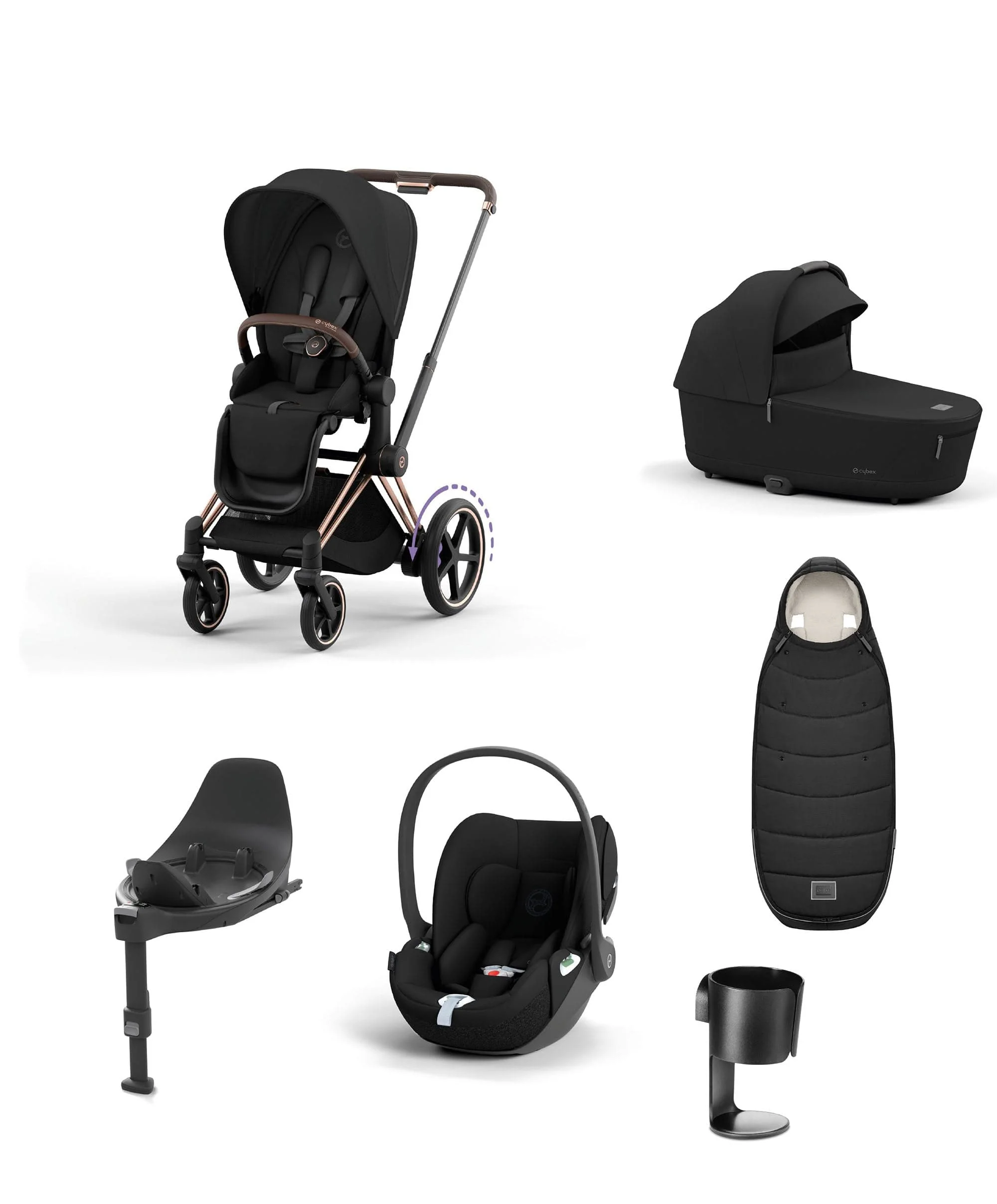 Cybex Epriam Pushchair Bundle With Cybex Cloud T i-Size + Baby Car Seat & Base (7 Pieces) - Rose Gold/Black