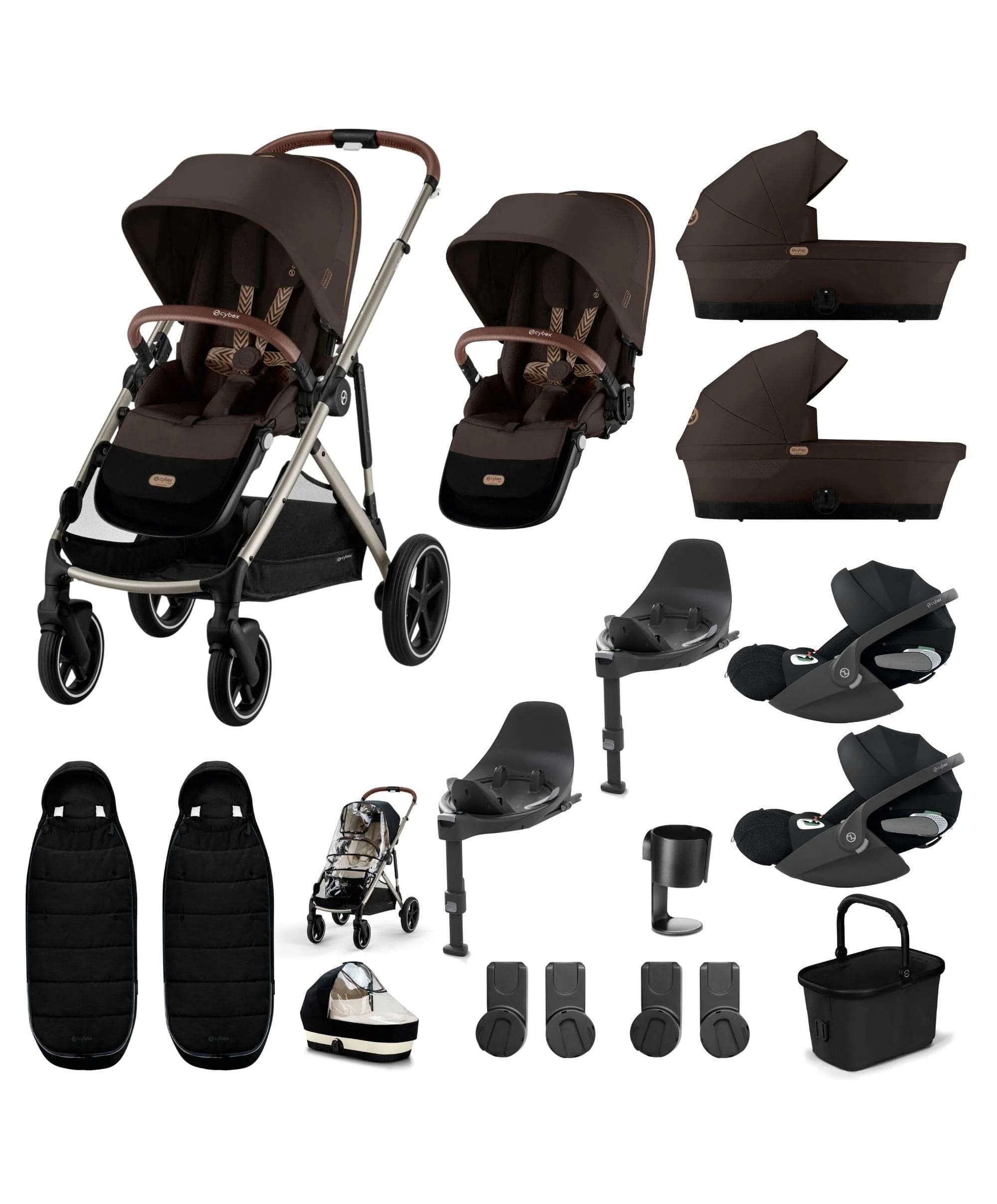 Cybex Gazelle S Twin Pushchair Bundle with Cybex Cloud T i-Size Rotating Baby Car Seat & Base (16 Pieces)- Chocolate Brown