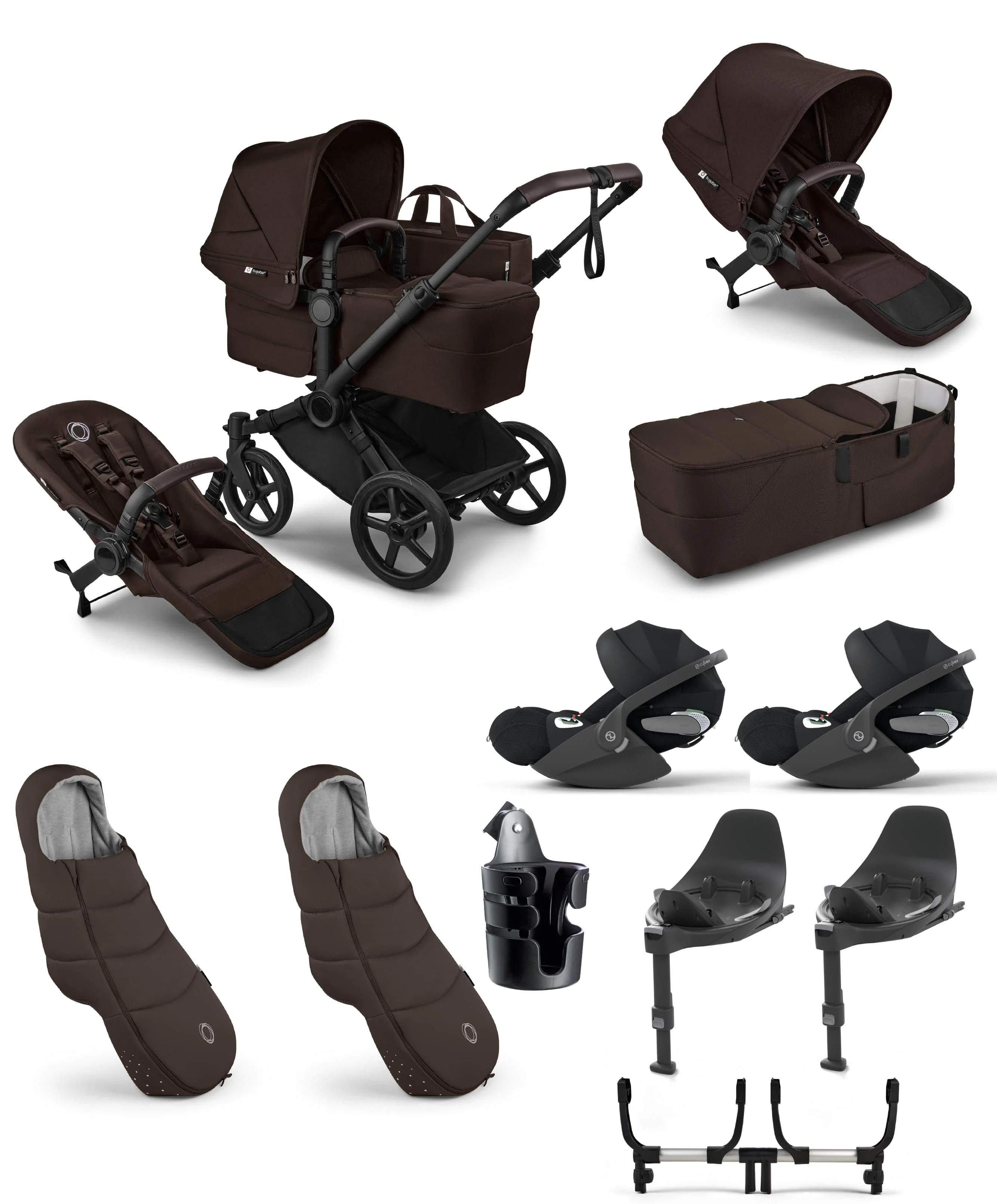 Donkey 6 Twin Essential Bundle With Cybex Cloud T+ i-Size Rotating Baby Car Seat (10 Pieces) - Cocoa Brown