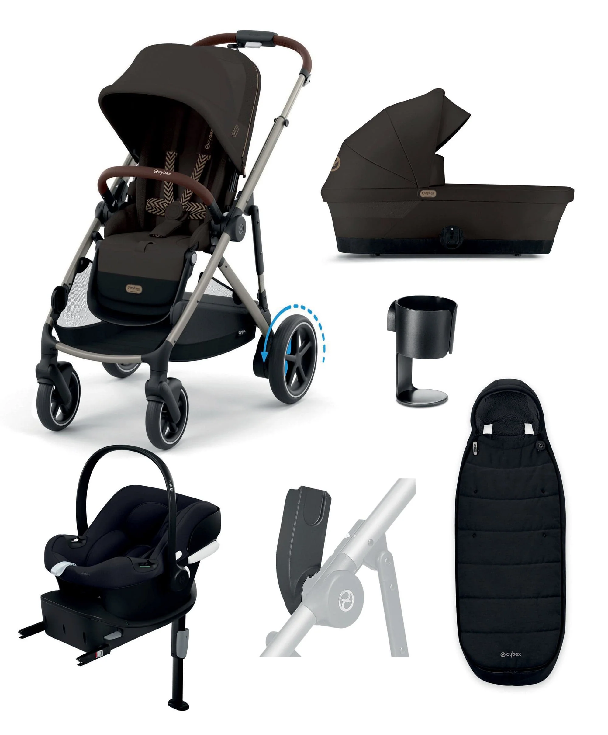Cybex e-Gazelle S Electric Pushchair Bundle with Cybex Aton B2 i-Size Car Seat and Base (6 Pieces) – Chocolate Brown