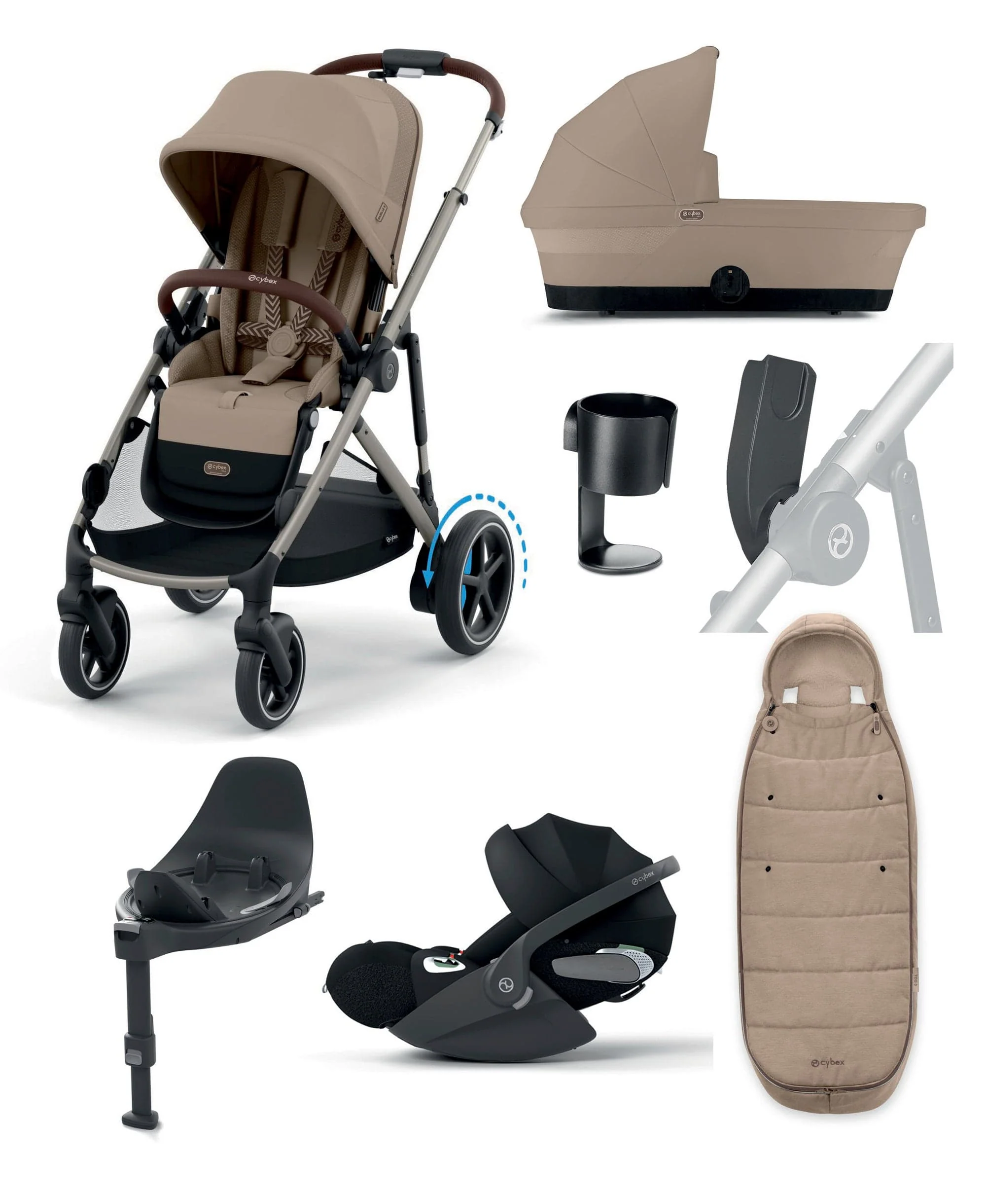 Cybex e-Gazelle S Electric Single to Double Pushchair Bundle with Cybex Cloud T+ i-Size Rotating Car Seat (7 Pieces) - Almond Beige