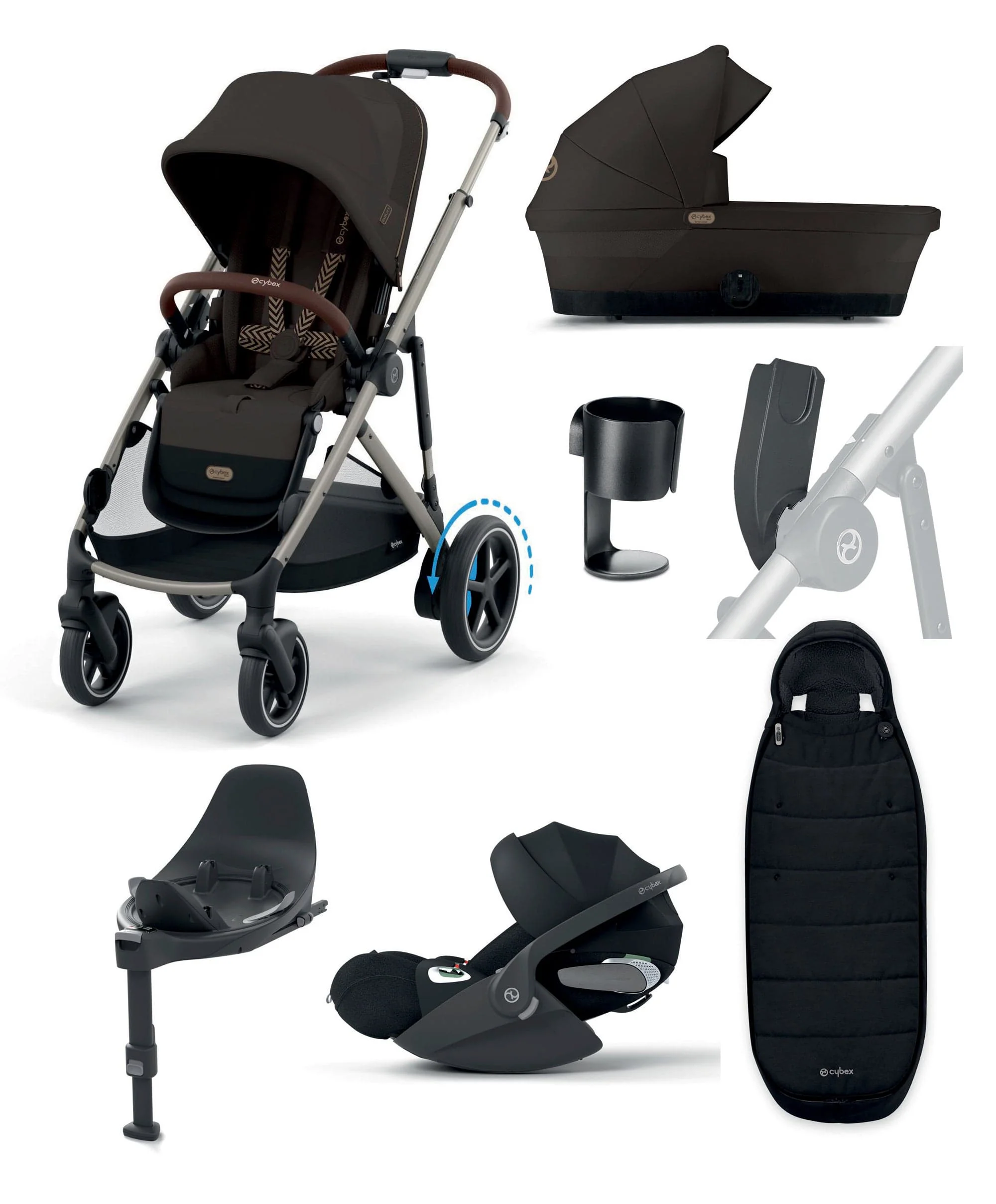 Cybex e-Gazelle S Electric Single to Double Pushchair Bundle with Cybex Cloud T+ i-Size Rotating Car Seat (7 Pieces) - Chocolate Brown