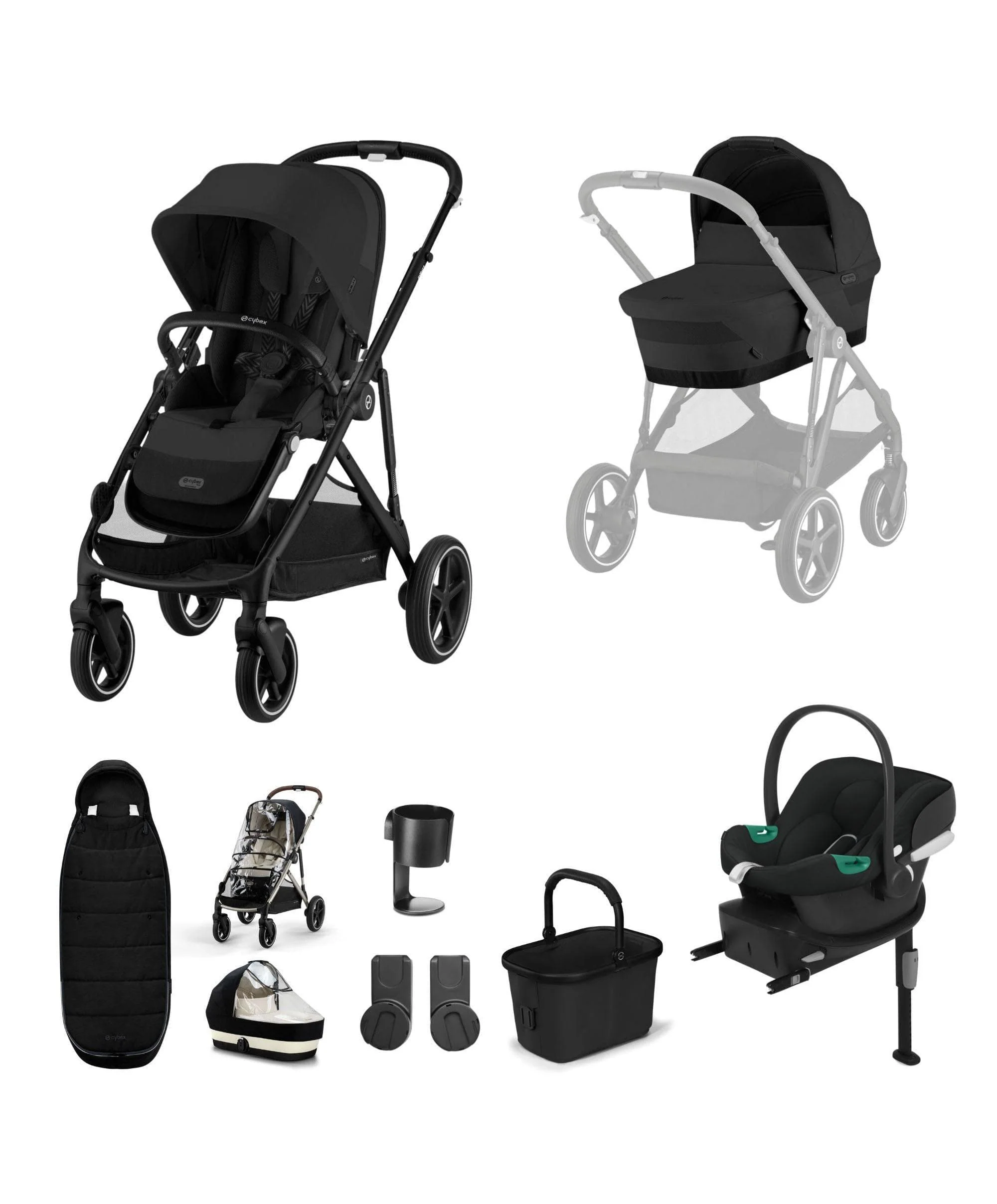 Cybex Gazelle S Pushchair Bundle with Cybex Aton B2 i-Size Car Seat and Base (7 Pieces) - Moon Black