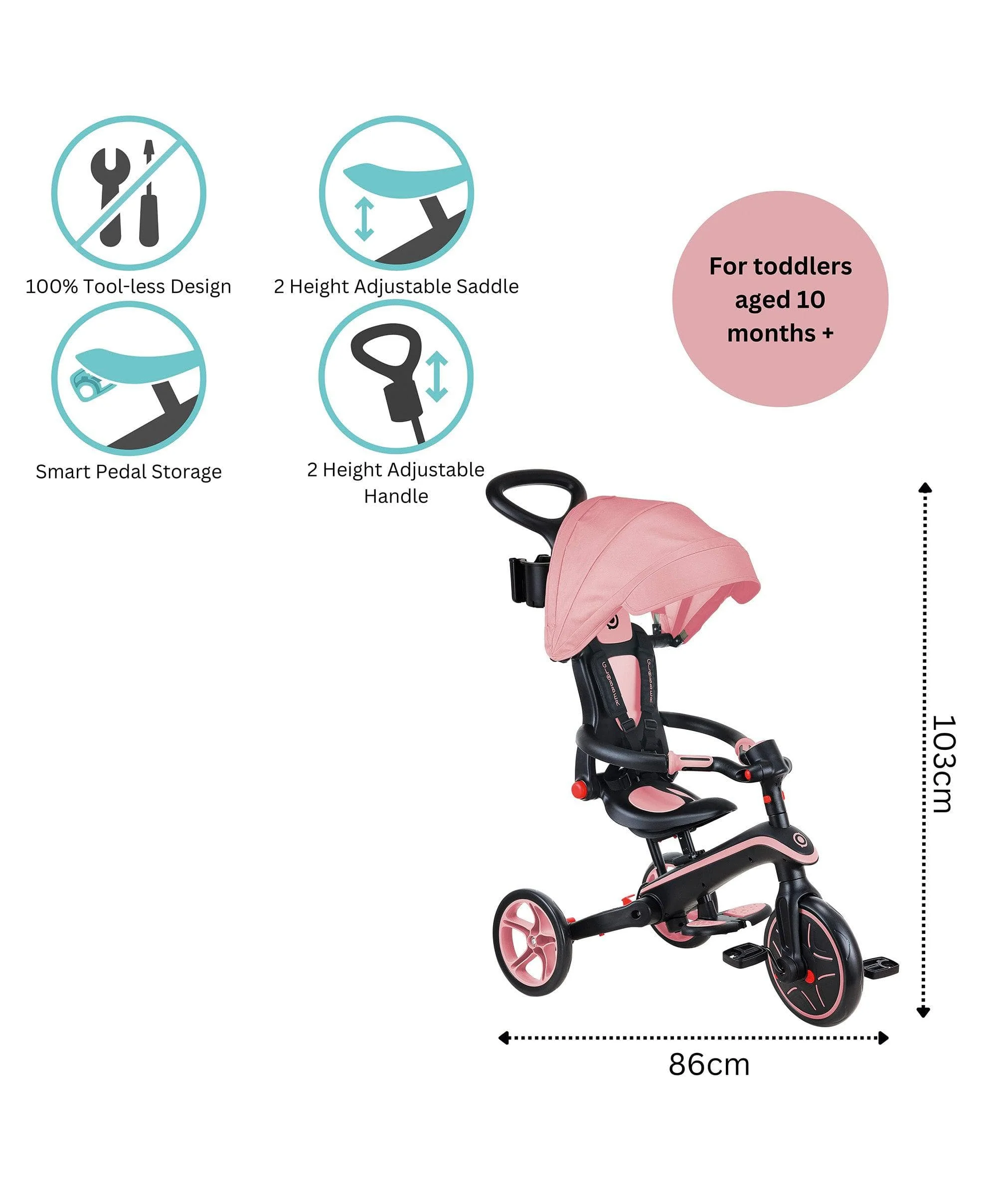 Globber Explorer Foldable 4-in-1 Trike - Pastel Pink - Image 9