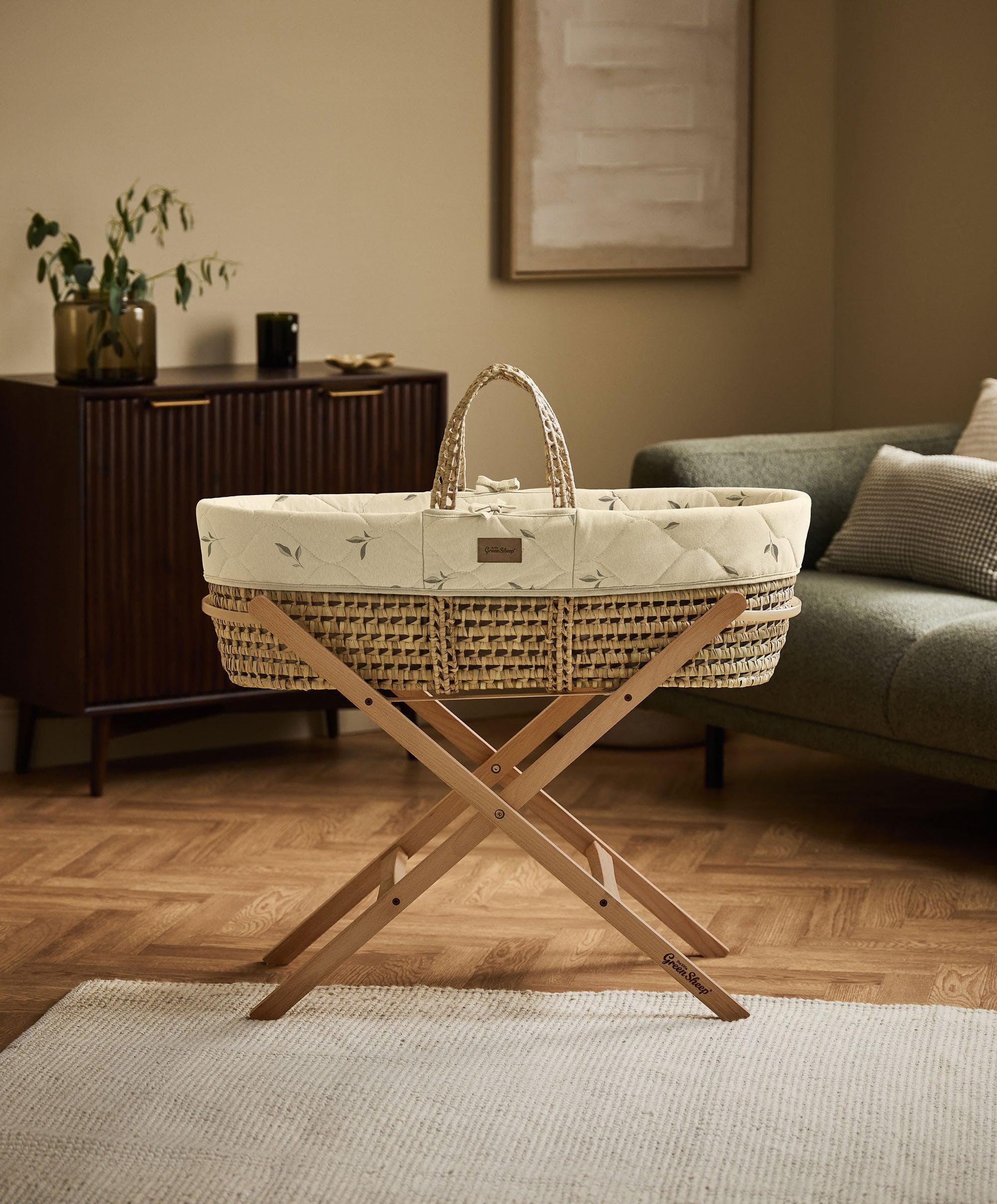 Little Green Sheep Quilted Moses Basket and Mattress - Leaves - Image 2