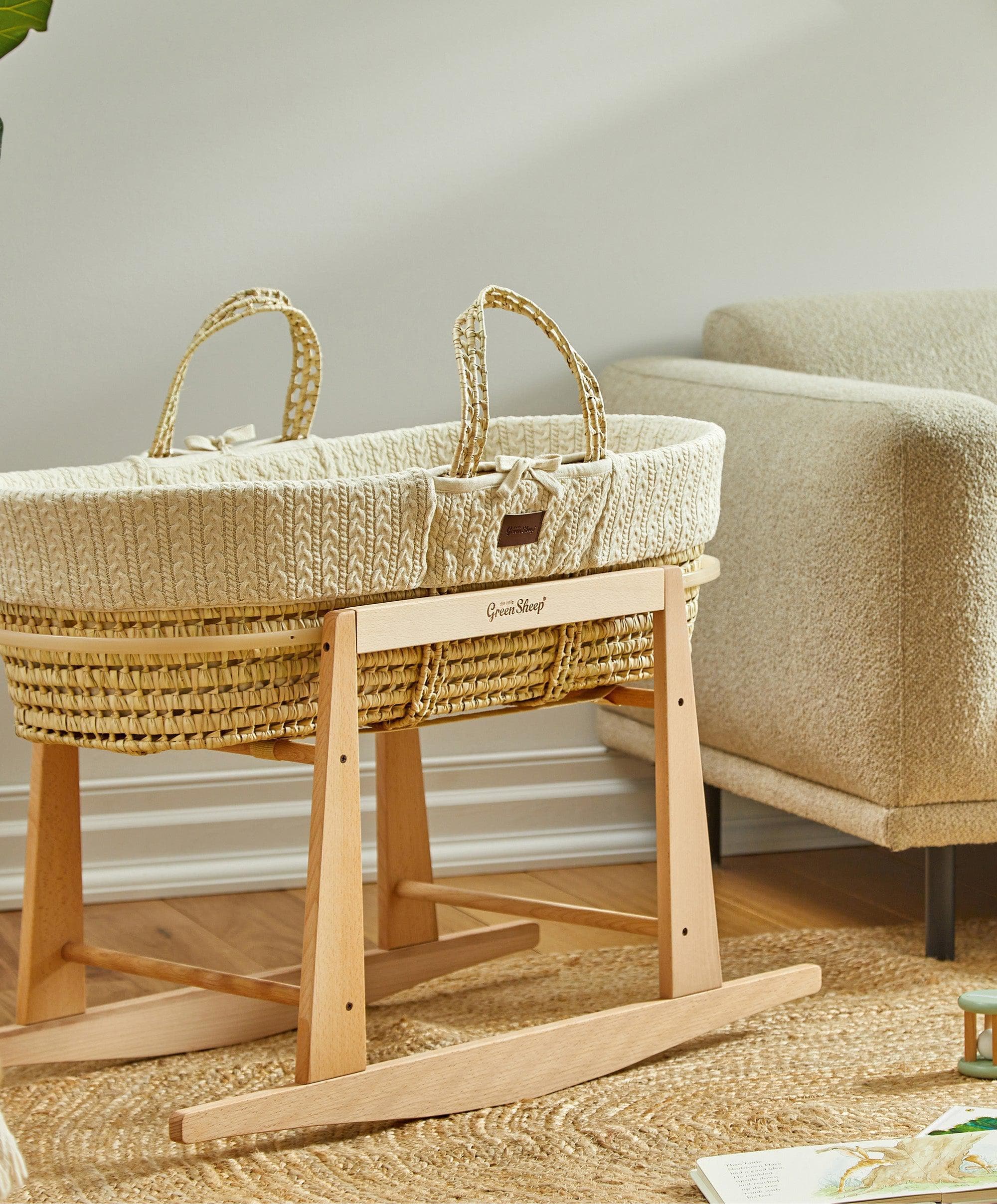 Little Green Sheep Knitted Moses Basket - Linen - Image 3