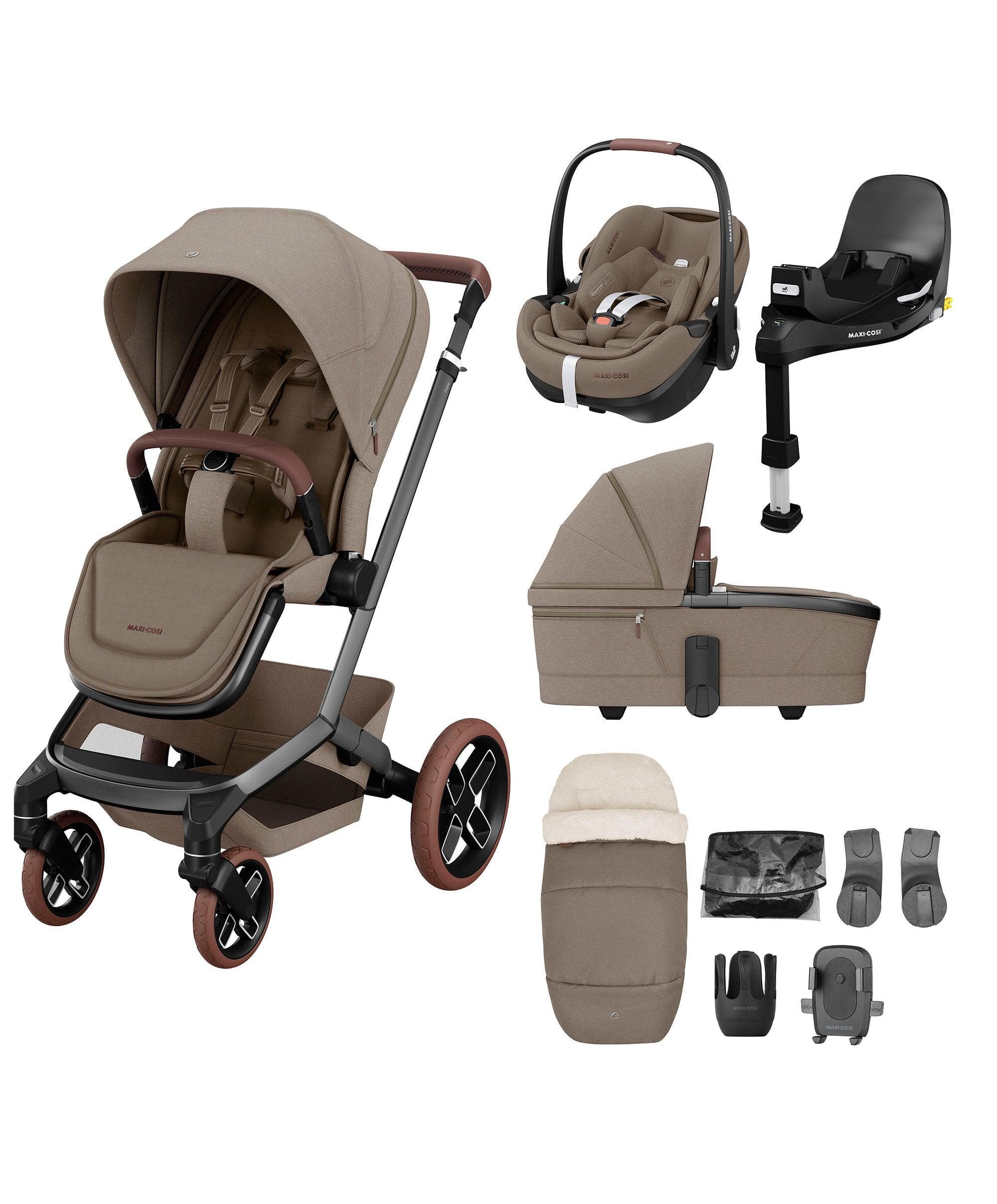 Maxi-Cosi Fame Pushchair Bundle with Pebble 360 Pro² Car Seat (9 Pieces)- Truffle with Brown Wheels