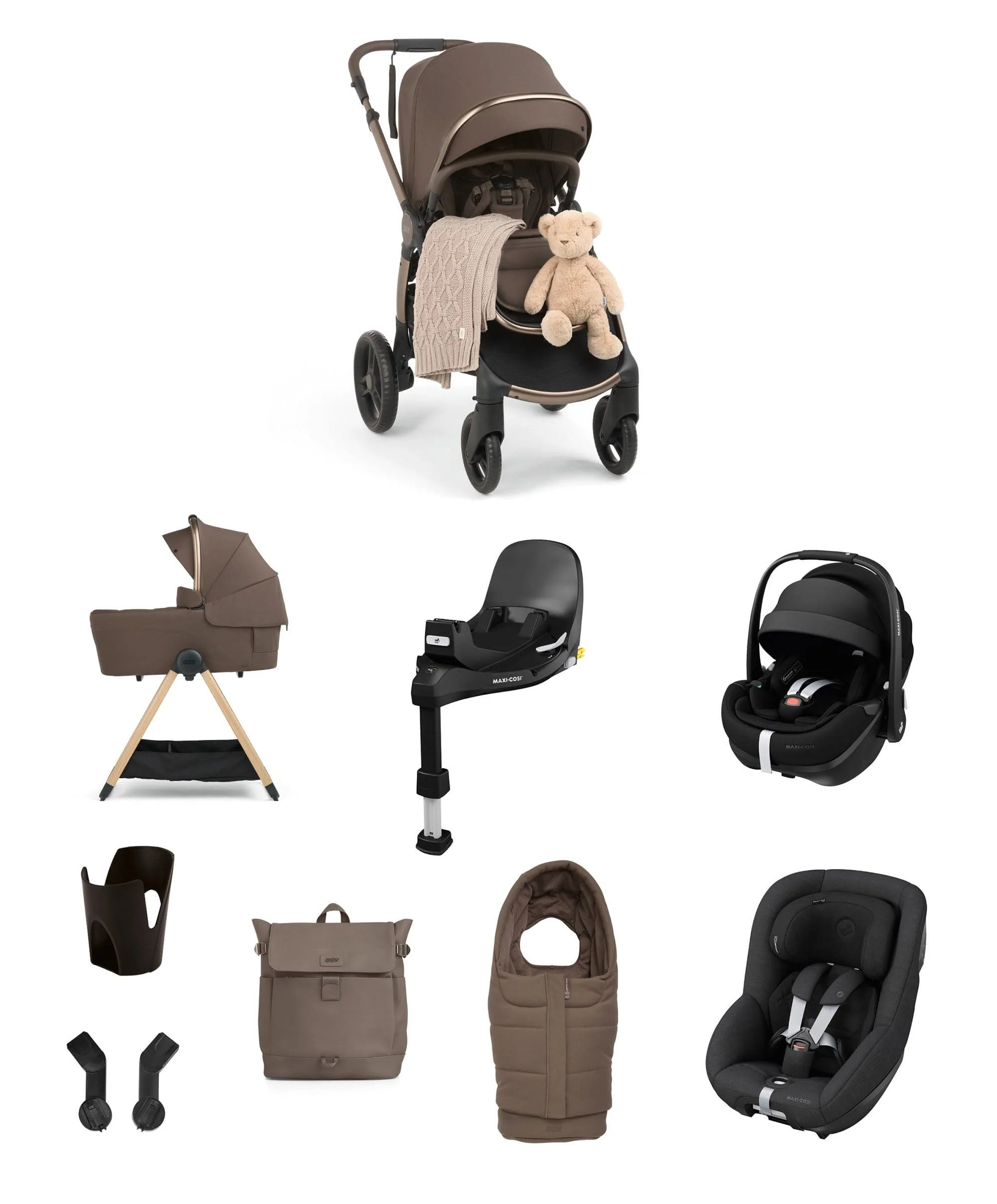 Ocarro 2 Pushchair Baby to Toddler Travel Bundle with Maxi-Cosi Pebble 360 Pro2 & Pearl 360 Pro (12 Pieces) – Crema