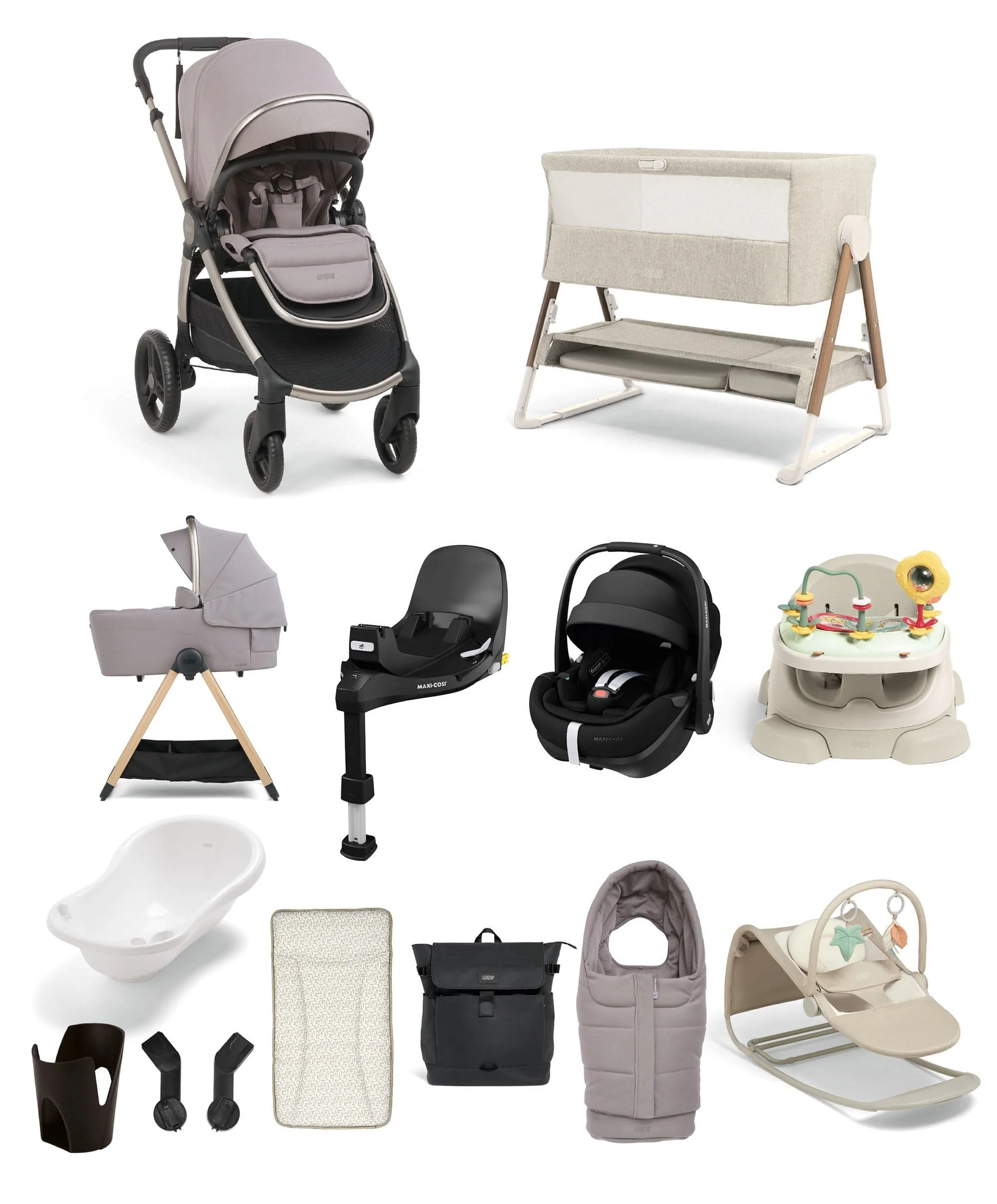 Ocarro 2 Pushchair Ultimate Newborn Bundle with Maxi-Cosi Pebble 360 Pro2 & Base (14 Pieces) - Moonstone Grey