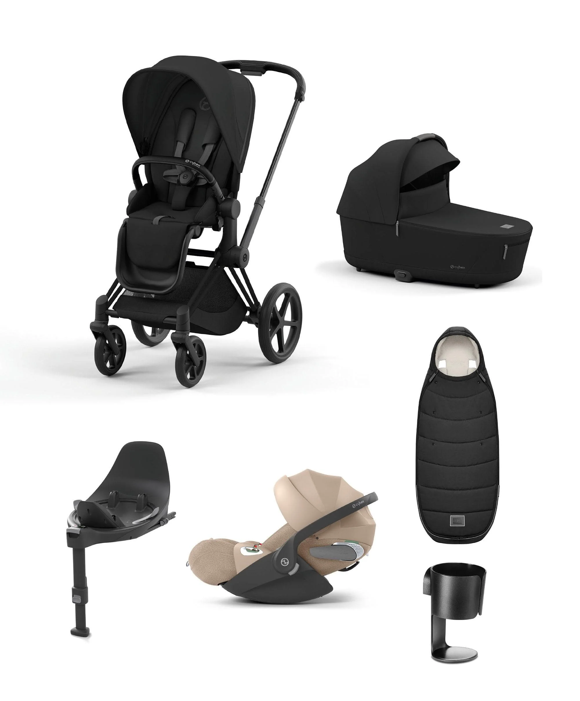 Cybex Priam Pushchair Bundle With Cybex Cloud T i-Size Rotating Baby Car Seat & Base (7 Pieces) - Black/Cosy Beige