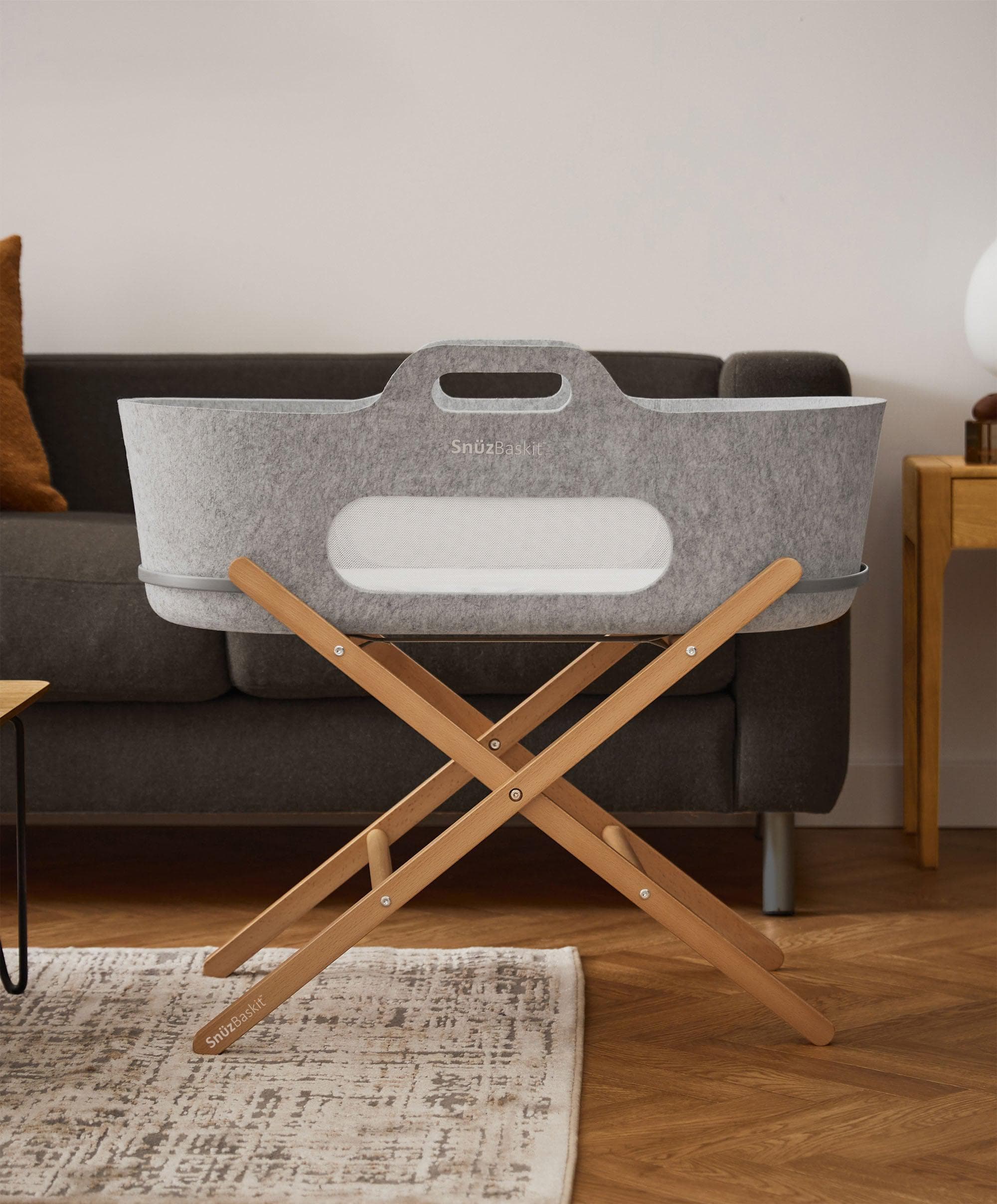 SnuzBaskit Moses Basket & Stand - Light Grey/ Natural