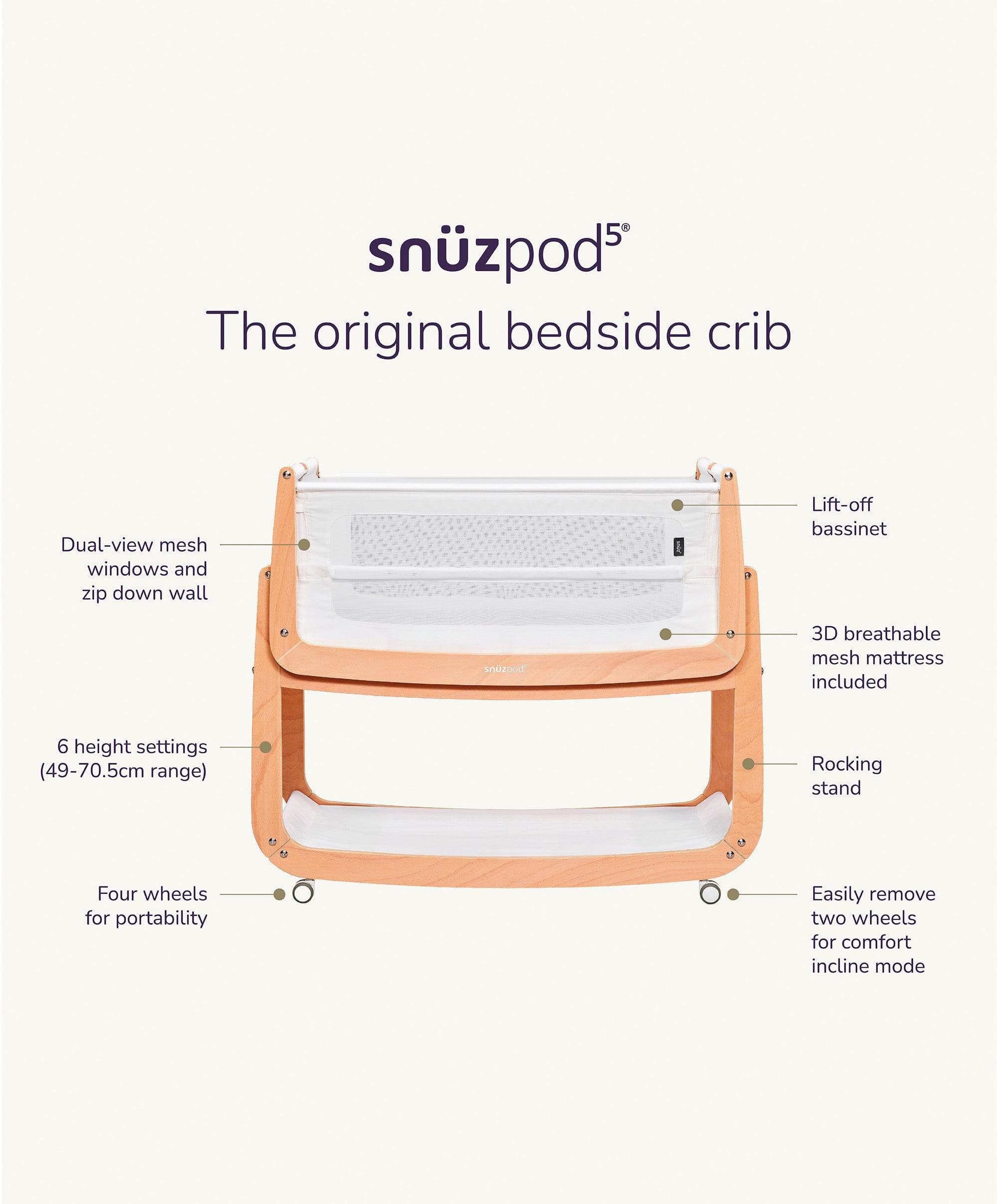 SnuzPod 5 Bedside Crib - White - Image 9