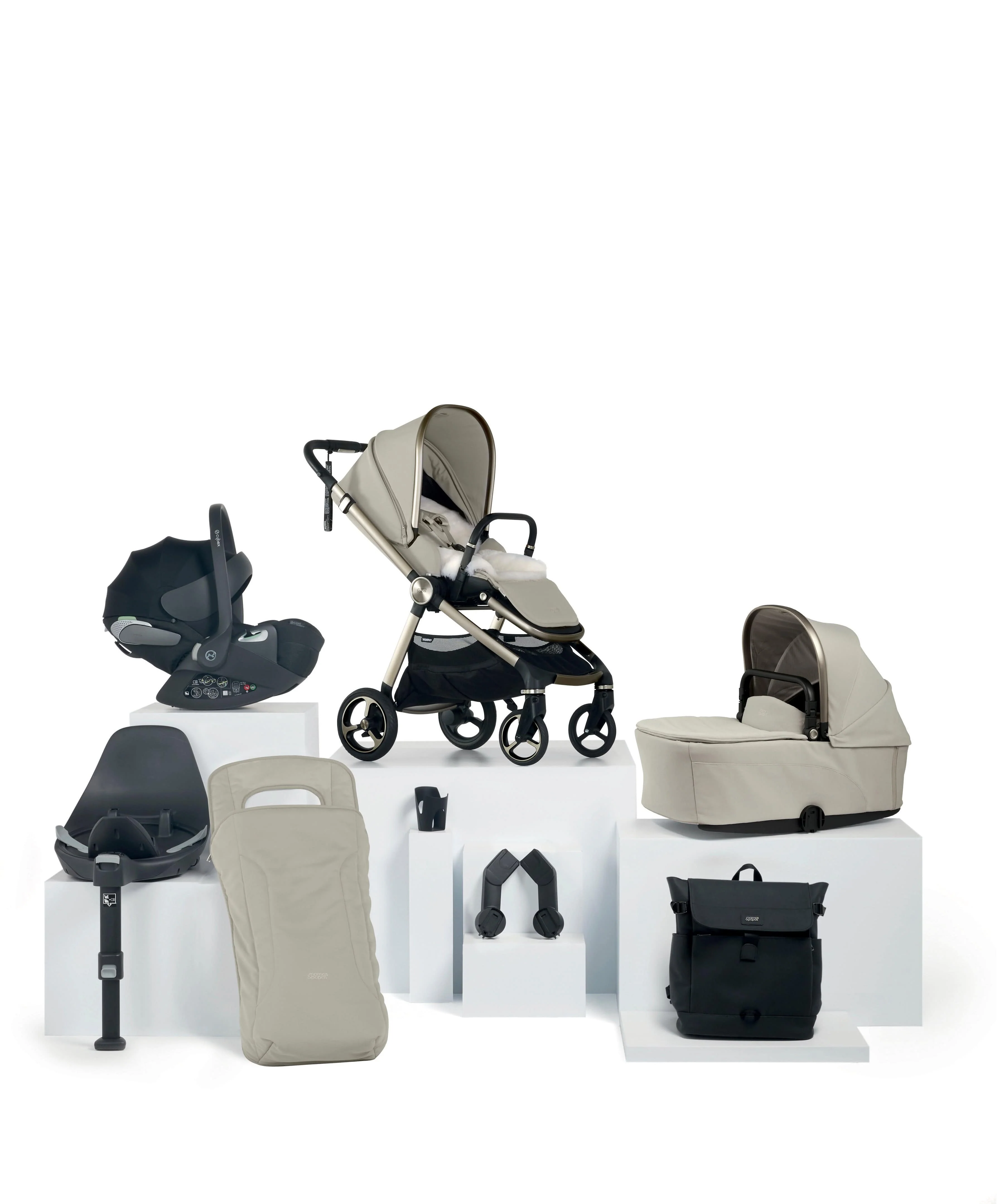 Vardo Pushchair Bundle with Cybex Cloud T+ Car Seat & Base (9 Pieces) - Shell