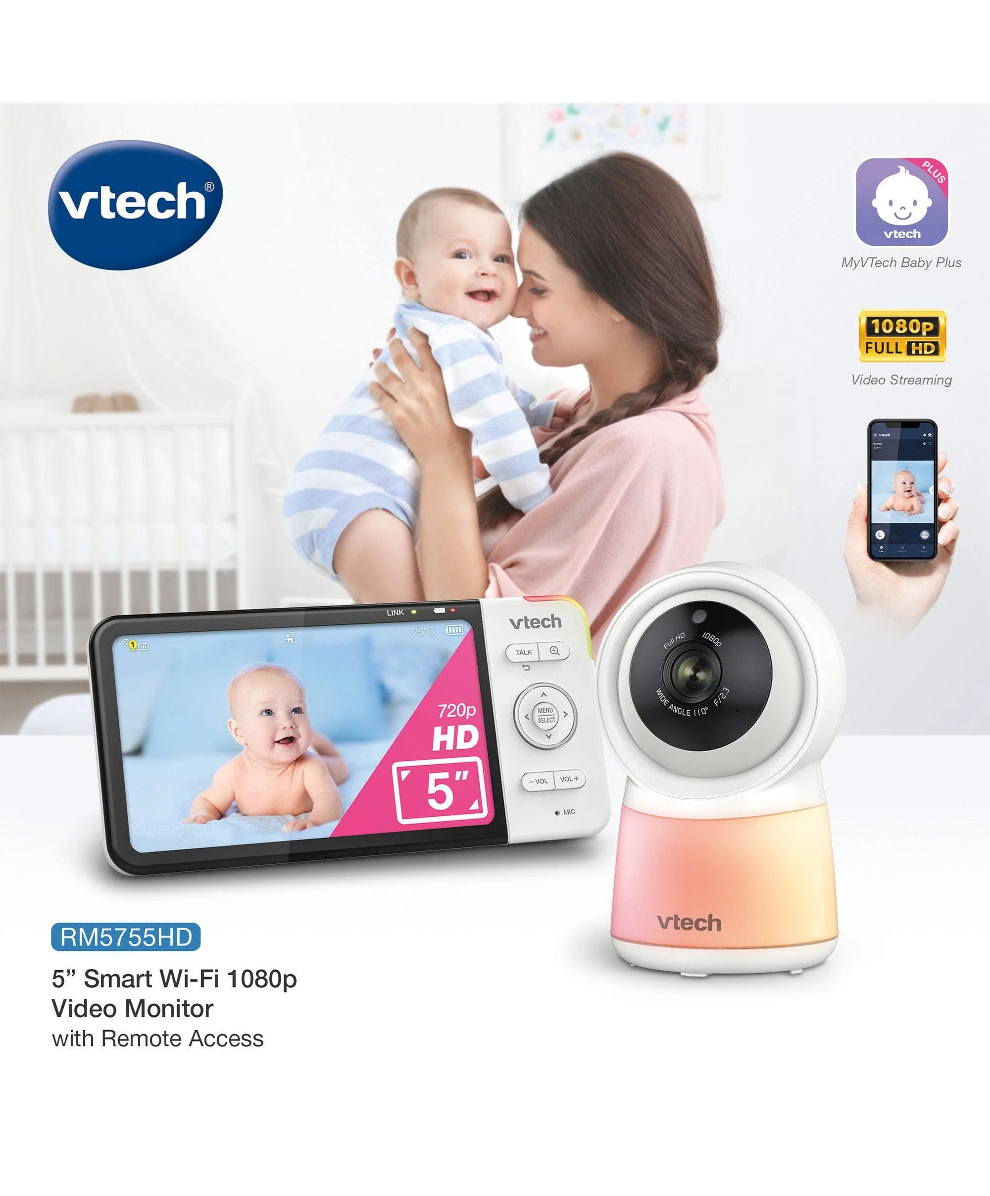 VTech RM5755HD 5 Smart Baby Monitor - White - Image 3