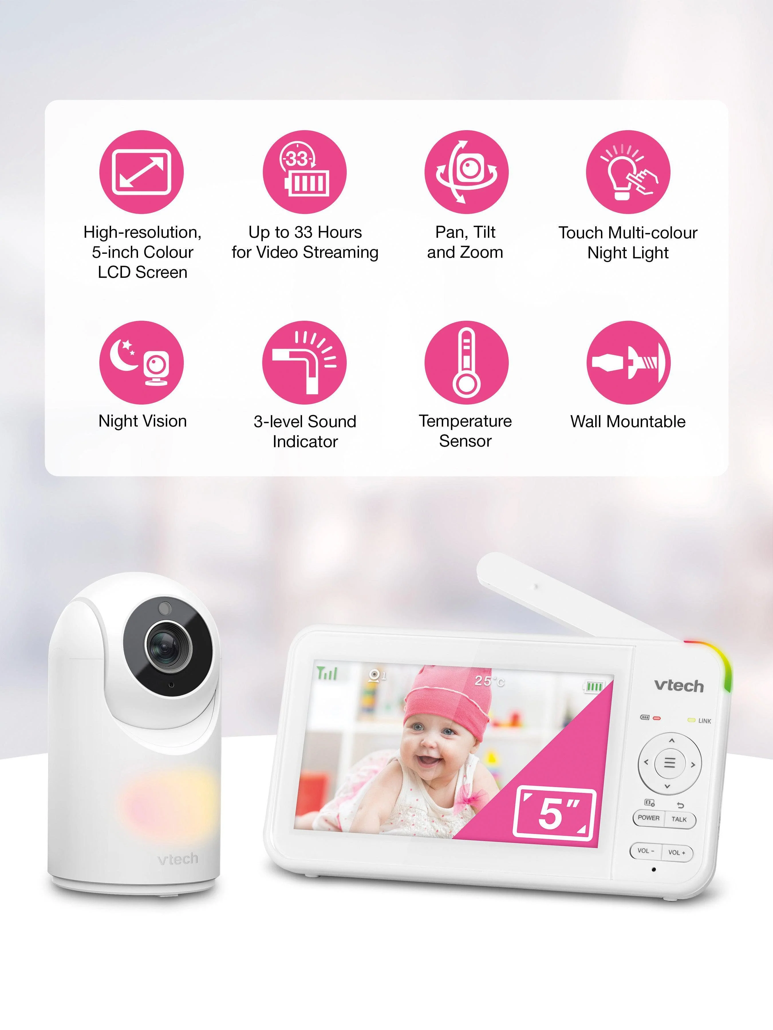VTech VM5467 5" Pan & Tilt Video Monitor with Night Light - Image 3