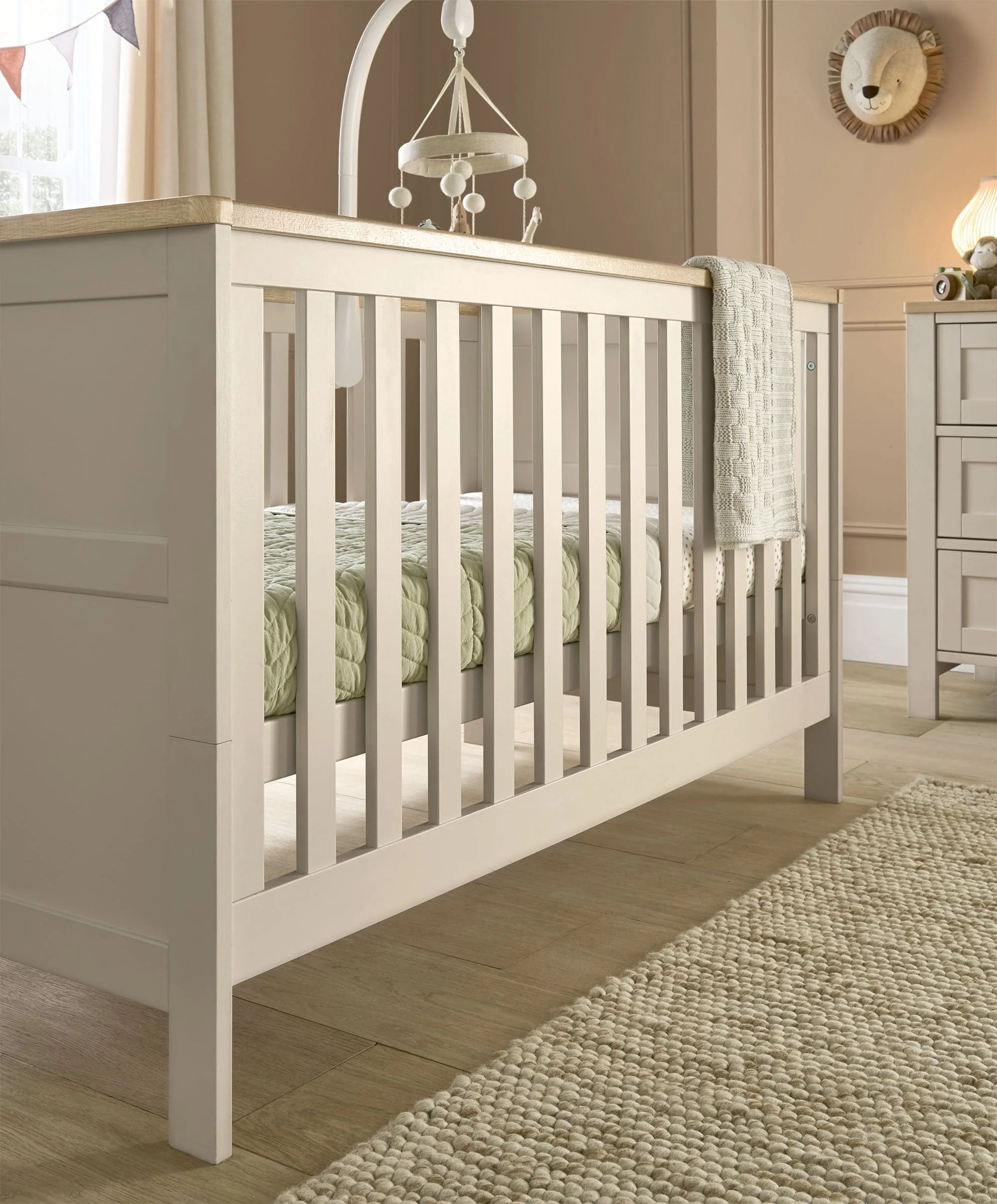 Wedmore 3 Piece Cotbed Range with Dresser Changer & Wardrobe - Cashmere/Oak - Image 2